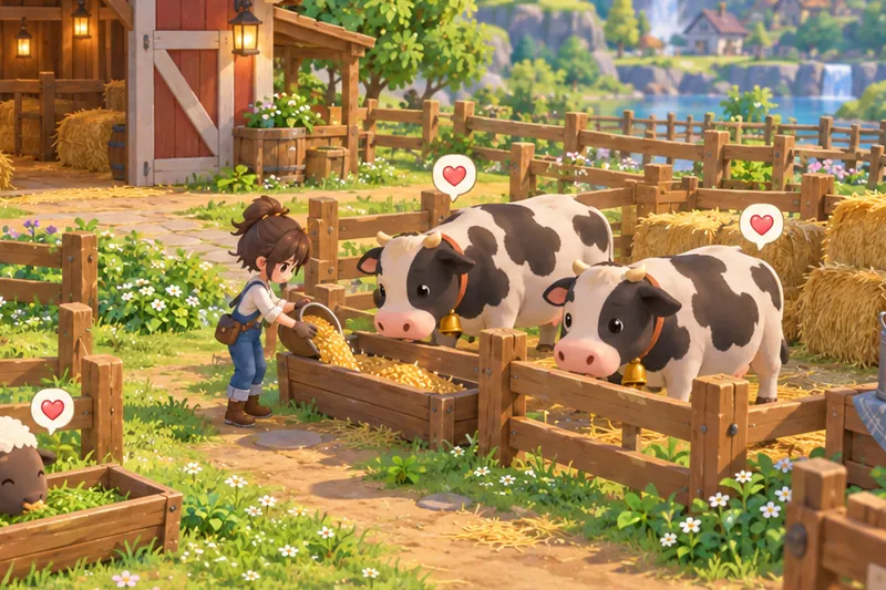 Concept art: happy cows, chickens and a sheep by the barn